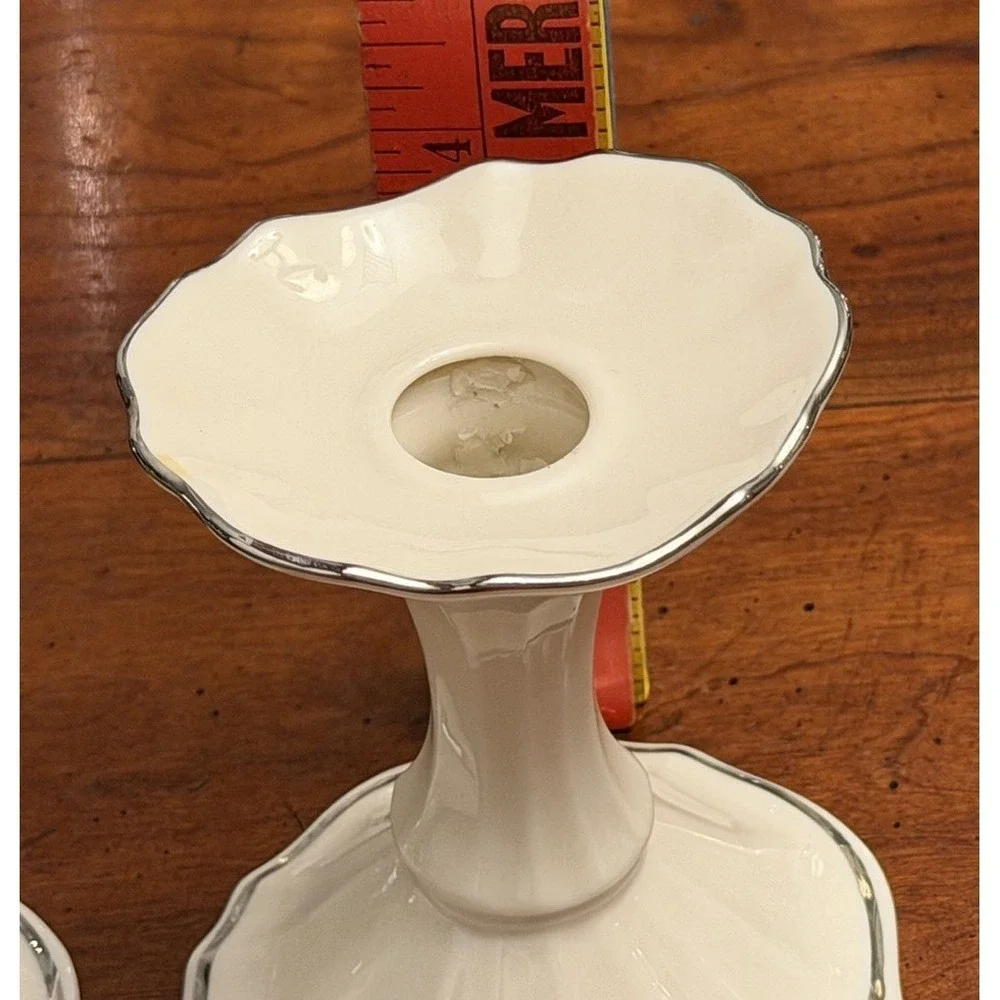 Pair of Vintage‎ Lenox Symphony Candlestick Holders Platinum Trim Ivory 4.5